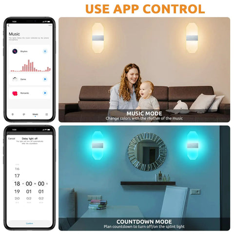 RGB LED Wall Sconce Lights With Stepless Dimming And Bluetooth Control, illuminated in music mode in living room and bathroom