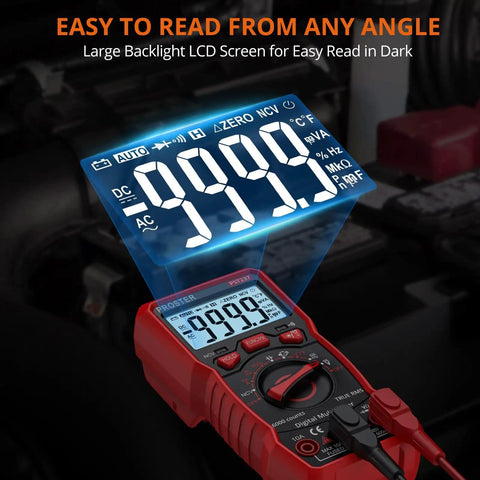 All-In-One TRMS Digital Multimeter 6000 Counts Auto Range With NCV Detector showing backlit LCD screen in use
