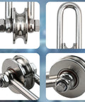 Close-up of a D Shaped Long Shackle Pulley 4.48x2.4 Inch 360 Degree Rotating Stainless Steel Bow Anchor Roller Detachable Bearing