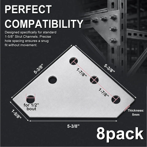 8 Pack 5-Hole Corner Gusset Plate For 1-5/8 Inch Strut Channel, showing measurements and electro-galvanized finish