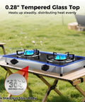 Grillin Ready Portable Double Burner Propane Stove With Auto Ignition, 19,000 BTU Total, glass cooktop on outdoor table.