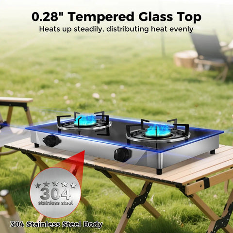 Grillin Ready Portable Double Burner Propane Stove With Auto Ignition, 19,000 BTU Total, glass cooktop on outdoor table.