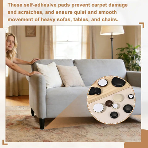 Self Adhesive Furniture Sliders 8 Pack Round Floor Savers That Slide Like Hot Butter No Nonsense Moving Pads Reusable Chair And Table Glide Protectors Heavy Duty Black PE Plastic on sofa feet to prevent carpet damage.
