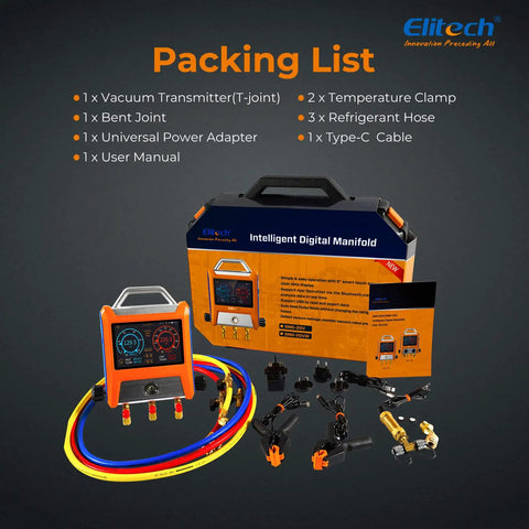 EMG-20V 2-Valve HVAC Manifold With 5 Inch Touchscreen, Bluetooth App Enabled Pro Grade Digital Gauge Kit For Real Time Pressure Temperature And Vacuum Readouts, Graphical Data, Export, And On The Fly Analysis packaging with hoses, clamps, and adapters