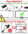 DIY Friendly Rectangular Mini Electric Motor Kit 1.5 to 3V 24000 RPM DC Motor circuit diagrams with correct and short circuit examples