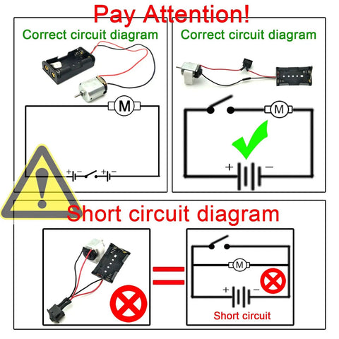 DIY Friendly Rectangular Mini Electric Motor Kit 1.5 to 3V 24000 RPM DC Motor circuit diagrams with correct and short circuit examples