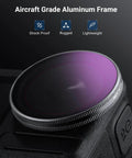 Close-up of Osmo Action ND Filter Set For 5 Pro 4 And 3 4 Pack with aluminum frame, showing shockproof, rugged, and lightweight features.