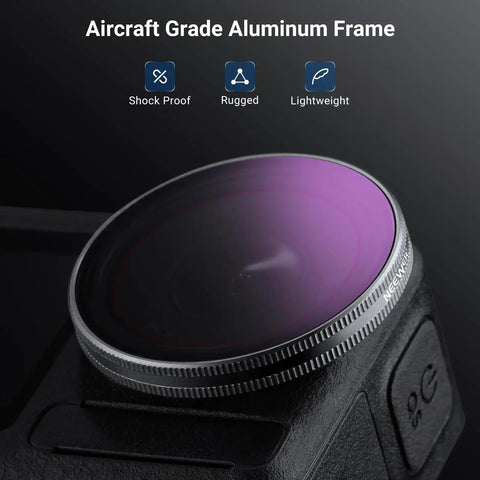 Close-up of Osmo Action ND Filter Set For 5 Pro 4 And 3 4 Pack with aluminum frame, showing shockproof, rugged, and lightweight features.