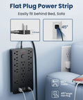 Heavy Duty 6 Ft Extension Cord Surge Protector Power Strip With 14 AC Outlets And 6 USB Ports, flat plug design, fits behind furniture.