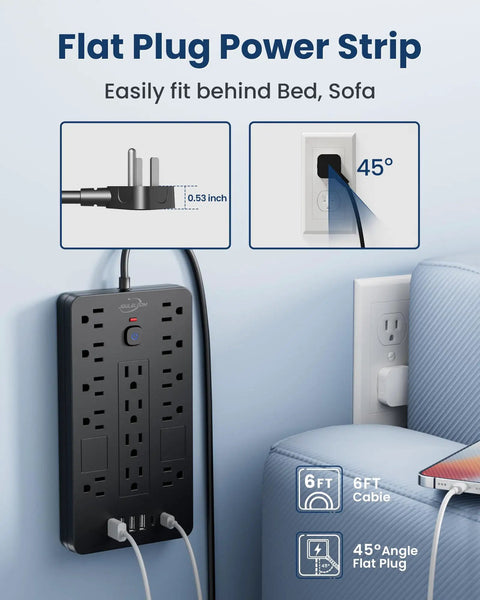 Heavy Duty 6 Ft Extension Cord Surge Protector Power Strip With 14 AC Outlets And 6 USB Ports, flat plug design, fits behind furniture.