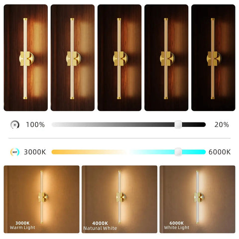 JTsupliight Wall Sconces Set of Two, 22.17" Rechargeable Wall Lights, Gold showing different light temperatures on a wall.