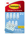 Packaging of Clear Medium Wall Hooks Set With 7 Hooks And 12 Adhesive Strips for damage-free hanging up to two pounds