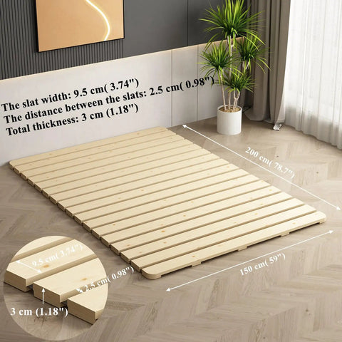 Durable Foldable Floor Bed Frame For Queen Size With Breathable Wooden Slats Rolling Futon Base featuring slats and dimensions on floor