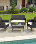 4-Piece Outdoor Patio Set In Black Wicker With Coffee Table, Weather-Resistant Rattan Conversation Set For Porch, Garden Or Lawn