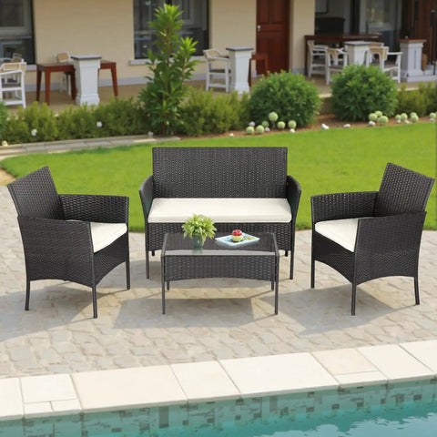 4-Piece Outdoor Patio Set In Black Wicker With Coffee Table, Weather-Resistant Rattan Conversation Set For Porch, Garden Or Lawn