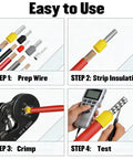 Image showing wire preparation and testing using Pro Grade Ferrule Crimping Tool Kit With 1800 Wire Ferrules Set In Eight Sizes AWG 23 To 7 0.25 To 10 Mm Square Self Adjusting Ratchet Crimper Plier For Electrical Wiring Automotive Audio DIY.