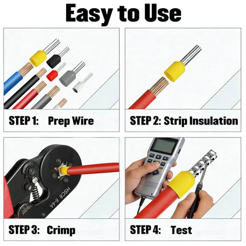 Image showing wire preparation and testing using Pro Grade Ferrule Crimping Tool Kit With 1800 Wire Ferrules Set In Eight Sizes AWG 23 To 7 0.25 To 10 Mm Square Self Adjusting Ratchet Crimper Plier For Electrical Wiring Automotive Audio DIY.
