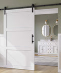 84 Inch Wide White Sliding Barn Door With Waterproof PVC Surface 3 Panel Solid MDF Construction Pre Drilled Holes Easy Assembly No Fuss Install Includes 8 Foot Hardware Track Kit And Handle Installed in Home