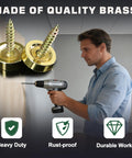 Knockout Brass Screw Covers And Decorative Gold Metal Caps That Straight Up Hide Ugly Fastener Holes On Wood Durable Decorative Nail Slugs With A Slick Brushed Look In A Tight 12 Piece Set, showing two screw covers and a person using a drill.