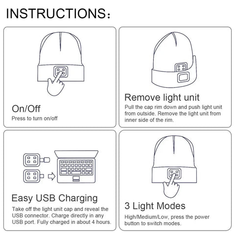 Instructions for Hands Free LED Beanie With USB Rechargeable Headlamp For Kids Unisex Winter Knit Cap Lighted Hat Navy Blue