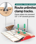 MatchFit Dovetail AP Clamp With X Pad For Router Tables And CNC Fixtures used on a wooden board with dovetail grooves.