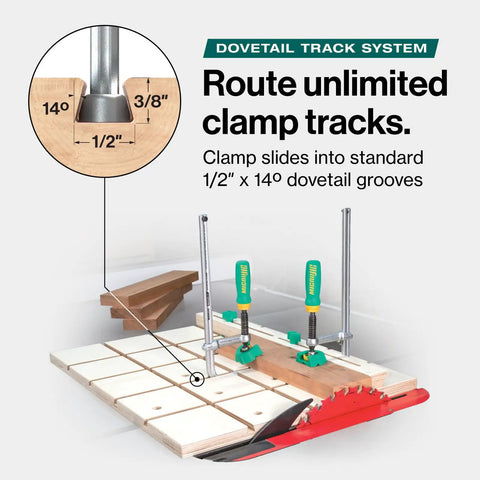 MatchFit Dovetail AP Clamp With X Pad For Router Tables And CNC Fixtures used on a wooden board with dovetail grooves.