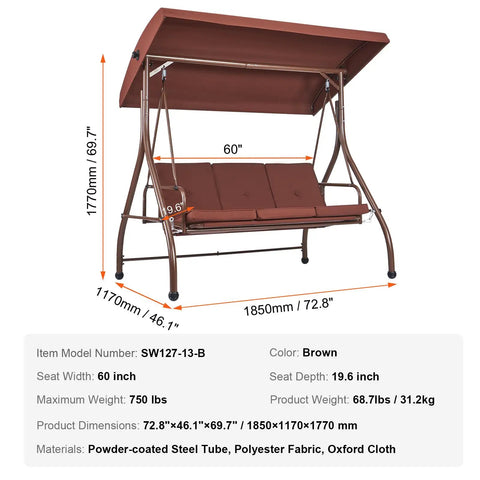 Three Seat Outdoor Patio Swing Chair With Adjustable Canopy And Removable Thick Cushion, Alloy Steel Frame, Brown