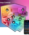 Smartphone app controlling Six Inch 15W RGBCW Bluetooth Recessed Downlight Kit in colorful home setup