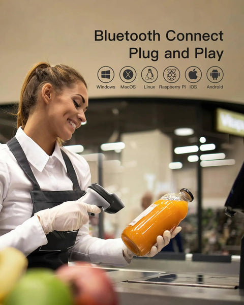 Bluetooth Barcode Scanner With Long Battery Life, 1 Charge Powers 180 Days Standby And 115 Foot Range, Automatic Fast And Precise 1D Scanning, Plug And Play In 3 Seconds, Works With iOS Android Windows Mac Linux Raspberry Pi used by retail worker