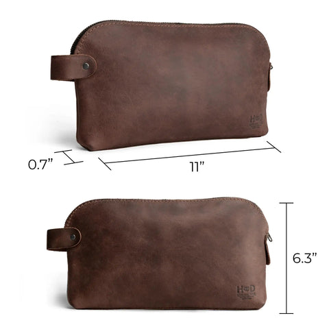 Rugged Leather Dopp Kit For Cords And Chargers, All Purpose Travel Organizer, shown in bourbon brown with size measurements