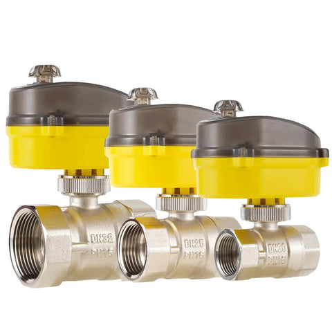 Electric Ball Valve One And A Quarter Inch Full Bore With 24V Actuator And Universal 110 230V Power Adapter Automatic Return Normally Closed Water Valve DN32MM For Easy Plumbing Control And Auto Irrigation Systems, side view with yellow actuator and metal valve body visible.