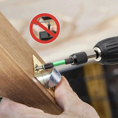 Tamper-Proof Torx Bit Set 27-Piece For Impact Drivers in use with power screwdriver, securing screw in wood furniture, close-up view