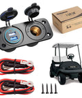 Golf Cart Cigarette Lighter Outlet With Quick Charge 3.0 USB Charger Waterproof 12V Input Power Socket Dual USB Ports Panel Mount Adapter Universal For EZGO Club Car Yamaha Models, shown with components and golf cart