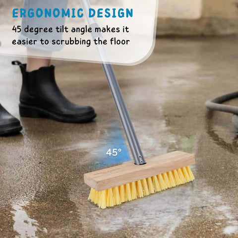 Long Handled Floor Scrubber Brush With 52 Inch Reach For Decks, Showers, Bathrooms, Boats, Concrete, Carpets And Garages, Stiff Bristles Scrub Tough Grime, Soap Scum, And Dirt Without Scratching Surfaces, shown on wet concrete floor with 45-degree tilt