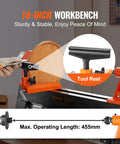 Workhorse Benchtop Wood Lathe 10x18 Inch in use showing tool rest and max operating length, featuring sturdy base and steel headstock.
