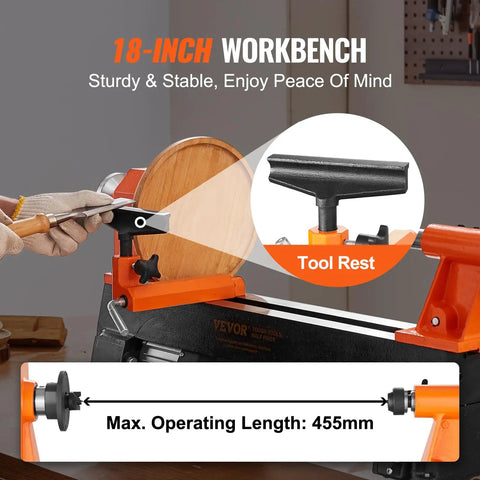 Workhorse Benchtop Wood Lathe 10x18 Inch in use showing tool rest and max operating length, featuring sturdy base and steel headstock.