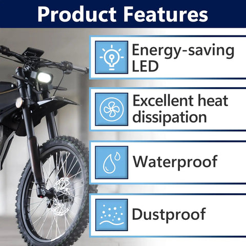 Beefy Electric Dirt Bike Headlight Kit With 6000 To 6500K LED Light Bar And Control Switch Features and Benefits Illustration