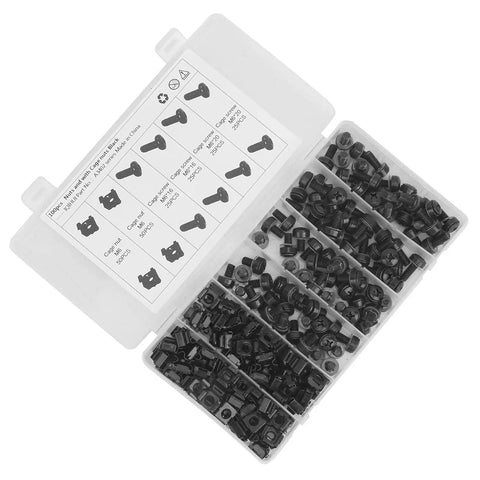 M6 Cage Nut And Screw Kit For Racks And Cabinets, Heavy Duty Carbon Steel Fasteners In Black Finish, Tool Free Quick Install Spring Loaded Cage Nuts With Screws For Chassis, Controllers, Vehicles, And Railways, 100 Nuts And 100 Screws in organizer box