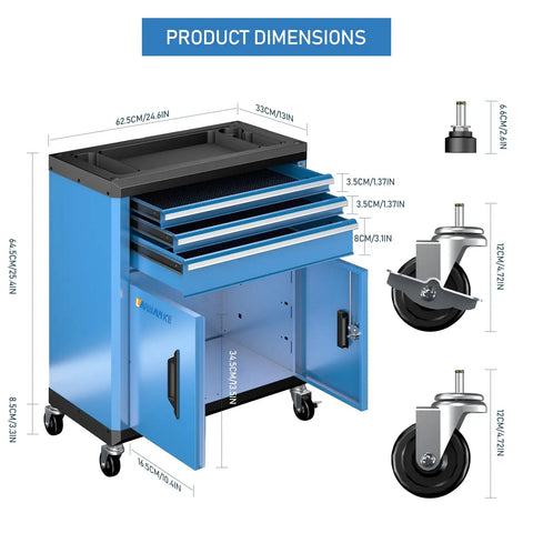No Brainer Heavy Duty Rolling Tool Chest With Three Spacious Drawers And Double Doors dimensions and smooth roll casters display.