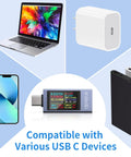 360W USB C Power Meter Tester for Type-C PD Charging shown with compatible devices like laptop, charger, phone, power bank