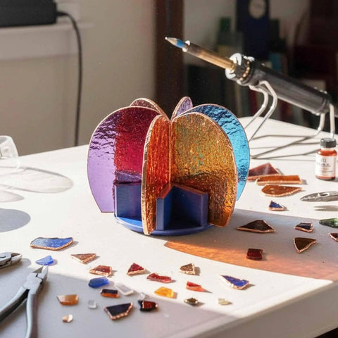 Next Level Stained Glass Soldering Jig With 3D Cactus Mold Template, showcasing colorful glass pieces on a white workbench.