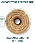 Heavy Duty 1 Inch Hemp Rope, 50 Feet, 4 Strand Twisted Twine, 900 Lb Break Strength, Natural Brown, coiled view, size options