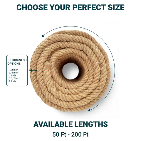 Heavy Duty 1 Inch Hemp Rope, 50 Feet, 4 Strand Twisted Twine, 900 Lb Break Strength, Natural Brown, coiled view, size options