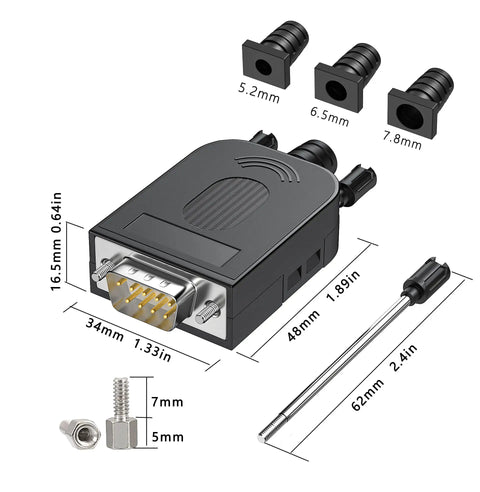 Close-up of No Soldering Needed DB9 Serial Adapters Kit with male D-sub9 connector, bolts, screws, and screwdriver for RS232 RS485 DIY cable build.
