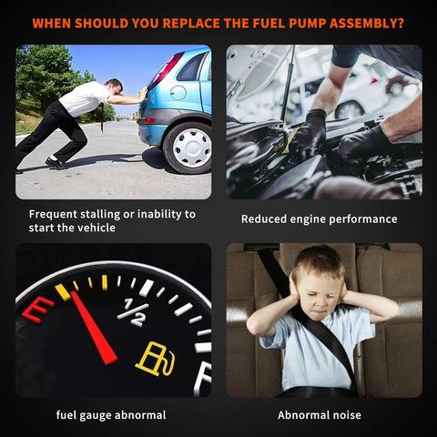 Collage indicating signs to replace fuel pump: stalling car, mechanic check, low fuel gauge, child covering ears in car.