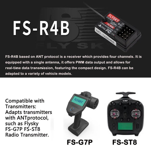 Flysky FS-R4B 2.4GHz 4CH Receiver With ANT Protocol And Single Antenna PWM Output, Compatible With FS-G7P FS-ST8 Transmitters