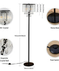 Diagram of Crystal Floor Lamp With Foot Pedal Dope Modern Standing Light For Living Room Bedroom And Office Black Tall Pole Indoor 3 Light Fixture Elegant Contemporary Decor And Warm Ambience showing dimensions, base, foot switch, and crystals.
