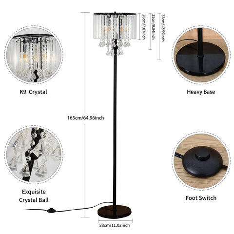 Diagram of Crystal Floor Lamp With Foot Pedal Dope Modern Standing Light For Living Room Bedroom And Office Black Tall Pole Indoor 3 Light Fixture Elegant Contemporary Decor And Warm Ambience showing dimensions, base, foot switch, and crystals.