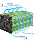 3500W Pure Sine Wave Inverter 12V DC To 120V AC Power Converter with protective features labeled on the green body