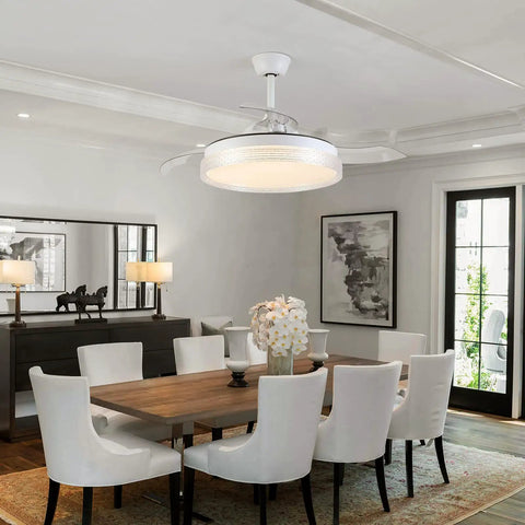 Modern dining room with 42 Inch Dope Retractable Blades Ceiling Fan With Lights, Modern Indoor Flush Mount, White Finish